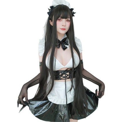 Sexy Leather Maid Set Black and White with Gloves